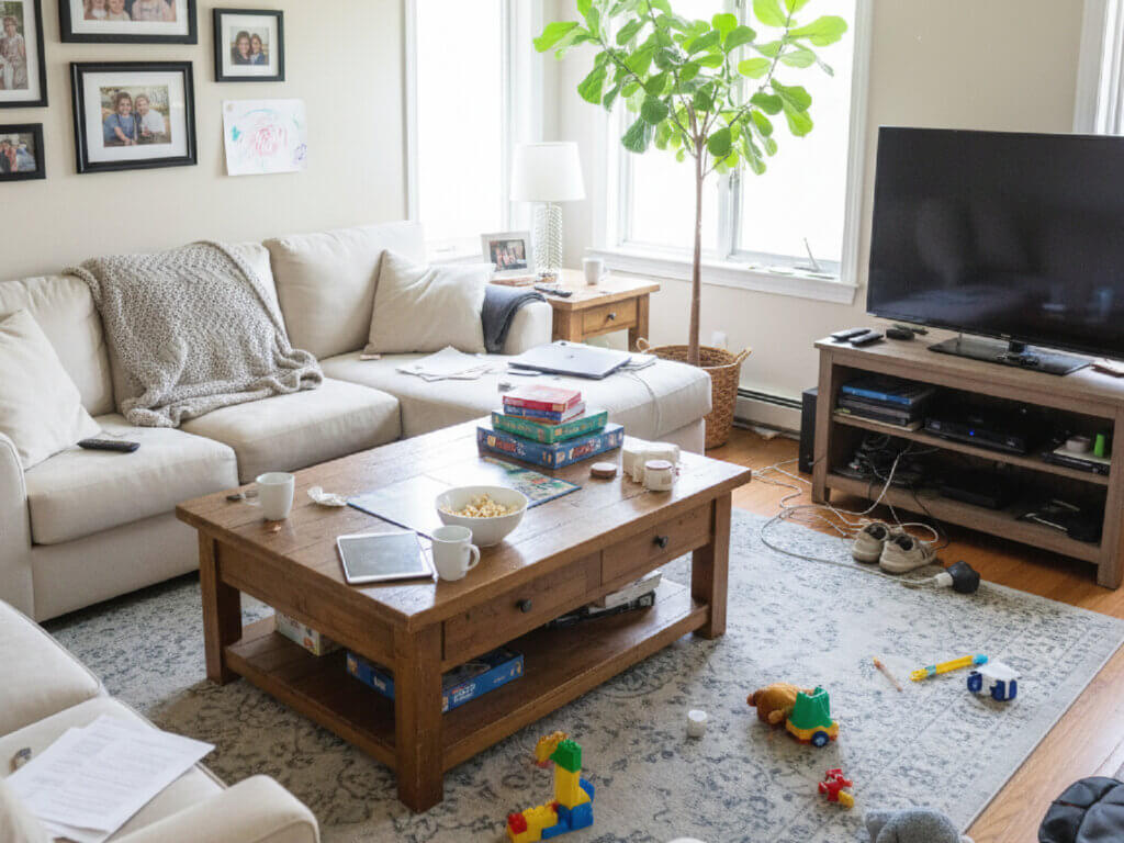 Das Bild zeigt ein Wohnzimmer, in dem buntes Spielzeug liegt. Es verdeutlicht das visuelle Chaos.